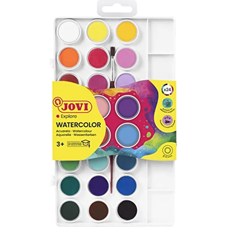 Jovi Wasserfarbkasten, 24 Aquarellfarben mit Pinsel und Mischpalette, für Kinder ab 3 Jahren