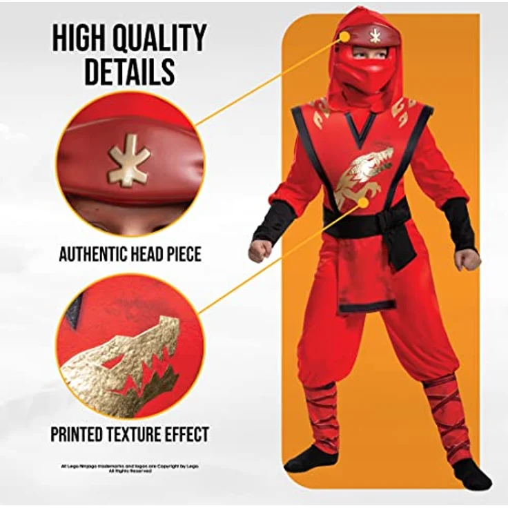 Disguise Offizielles Deluxe Kai LEGO Ninjago Kostüm, Ninja Kostüm für Kinder, Rot, inkl. Maske, ideal für Karneval und Halloween – Bild 4