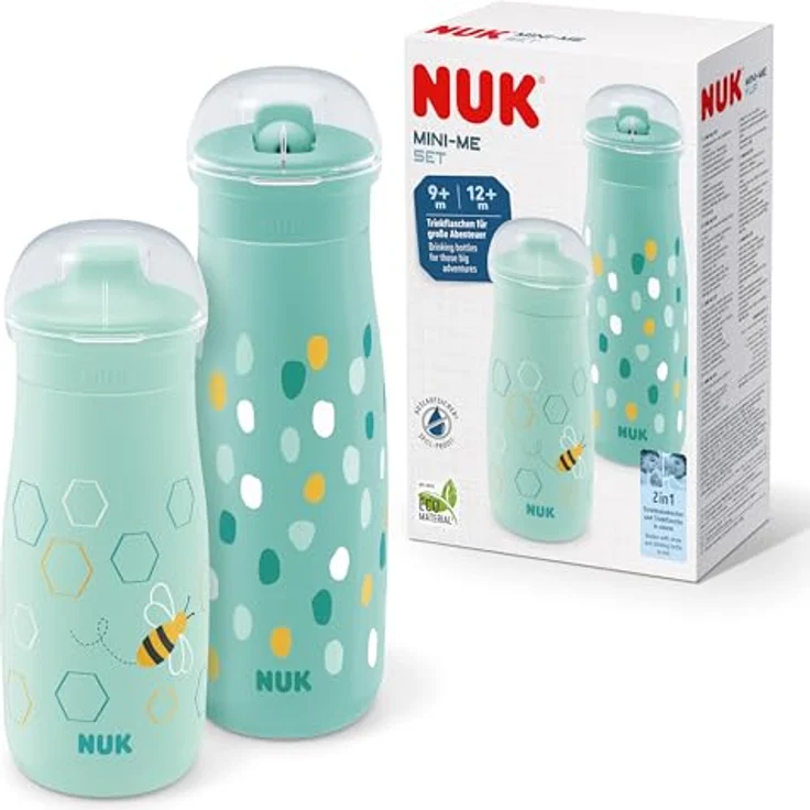NUK Mini-Me Cup Set für Kleinkinder | Sip & Flip-Aufsätze | Auslaufsichere, beißfeste Tülle & Trinkhalm | Bruchsicher | Mint Dots & Bee – Bild 1