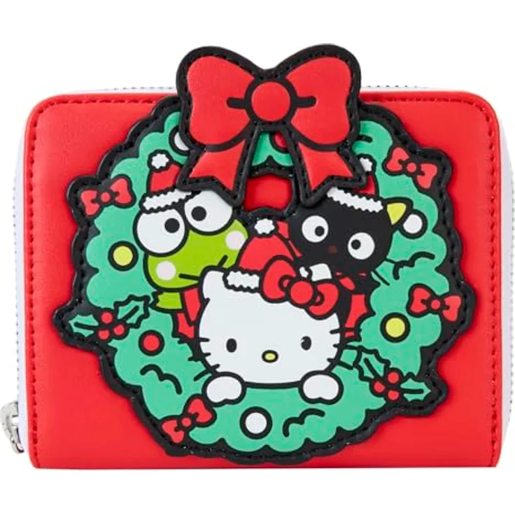 Loungefly Sanrio Hello Kitty Weihnachten Brieftasche, 100% veganes PU-Leder, kompaktes Design, 4 Kartenfächer, Reißverschluss, festliches Weihnachtsbaum-Detail