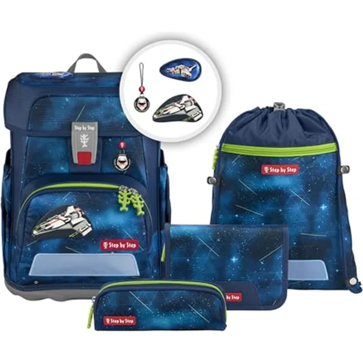 Step by Step Schulranzen-Set Cloud „Starship Galactus“, 5-teilig, ergonomischer Tornister mit Reflektoren, höhenverstellbar, blaue Farbe, 19L, für Jungen ab der 1. Klasse