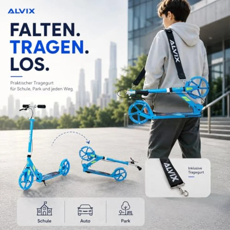 ALVIX Kinder-Scooter mit Handbremse, 200mm LED-Leuchträder, höhenverstellbar, faltbar, Tragetasche, bis 100 kg – Bild 2
