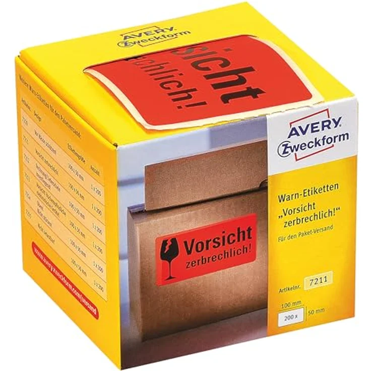 AVERY Zweckform Warnetiketten 7211, selbstklebend, 200 Stück, neon rot, 100 x 50 mm, Warnhinweis "Vorsicht zerbrechlich" für Versand und Umzug, im Kartonspender – Bild 1