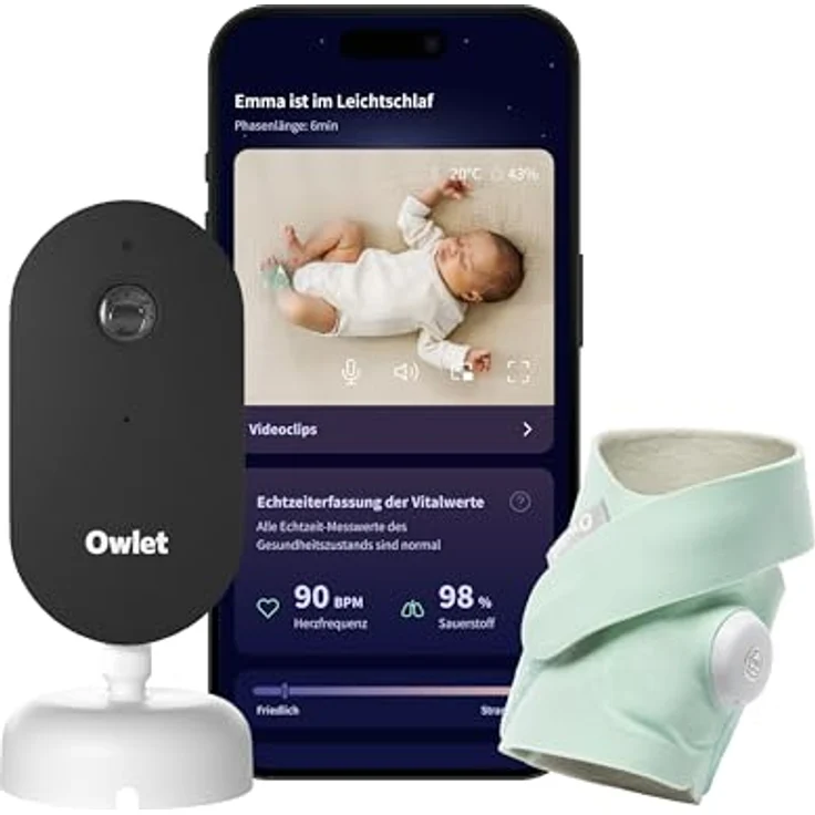 Owlet Dream Duo – Smart Baby Monitor mit Dream Sock® Sensor, 2K HD Kamera, Puls- & Sauerstoffmessung, Schlafanalyse, WLAN & App-Steuerung, mint – Bild 1