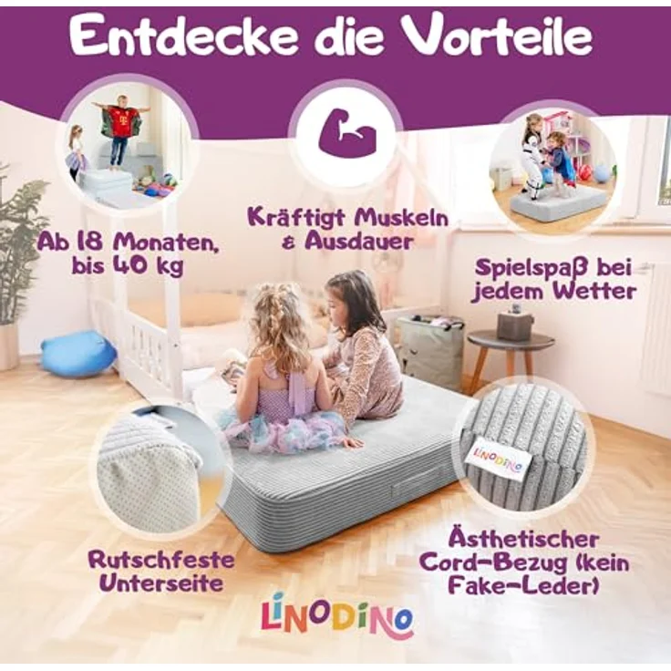 Hüpfpolster Elefanten Grau mit Federkern, rutschfester Unterseite, Tragegriff und abnehmbarem, waschbarem Cord-Bezug – Bild 6