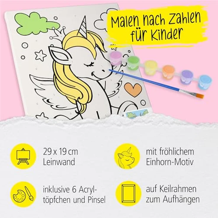 Online Pen Malen nach Zahlen Leinwand-Malen für Kinder (mit Farbtöpfchen & Pinsel), Einhorn Motiv, 19x29 cm, von Online Pen – Bild 2