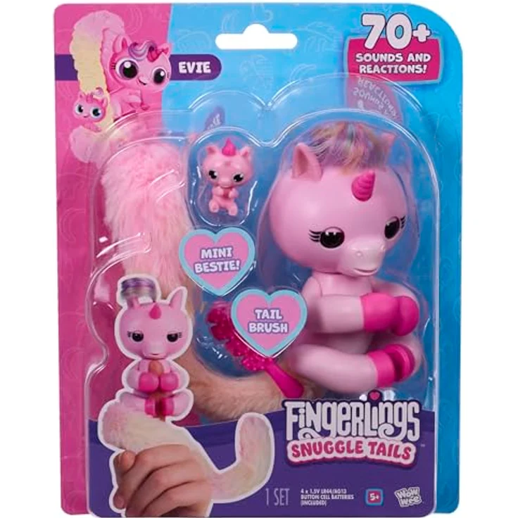 Fingerlings Snuggle Tails Evie, interaktives rosa Einhorn mit flauschigem Schwanz, Mini-Bestie Isla, Pinsel und Aufklebern – Bild 2