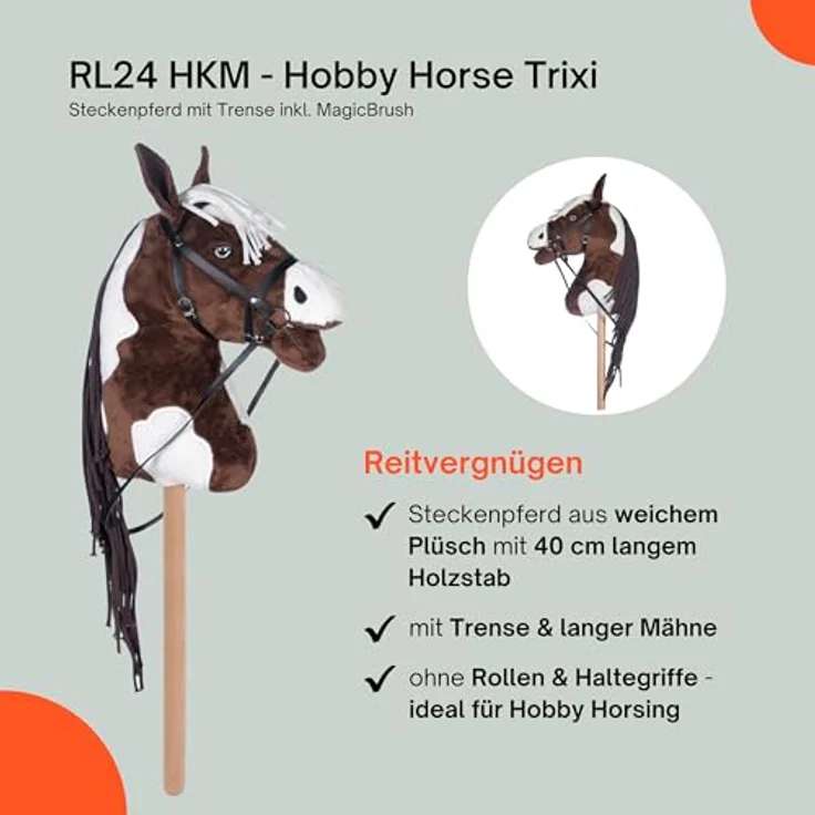 RL24 Hobby Horse Trixi, Steckenpferd aus Plüsch mit Holzstock, langer Mähne und Trense, braun/weiß, ohne Griffe & Rollen für Hobby Horsing – Bild 4
