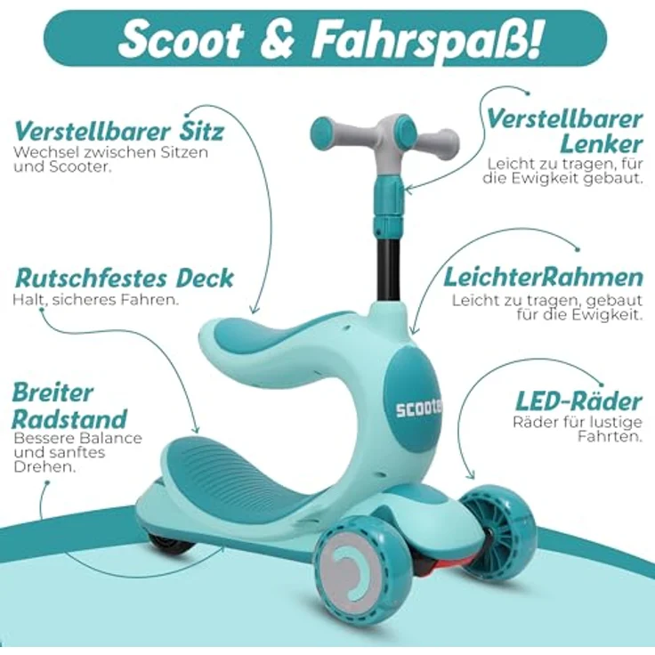 Habib Gruppe Kinderroller 3-in-1 Dreirad mit Sitz, LED-Rädern, höhenverstellbar & faltbar, ideal für Jungen & Mädchen von 2-10 Jahren, grün – Bild 4