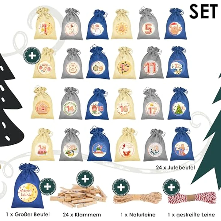 KESSER® Adventskalender zum Befüllen 24 Jutebeutel 16 x 12 cm Gedruckte Stoffbeutel Kinder Weihnachtskalender zum Selber Befüllen Inkl.. 24x Schildchen + 1 Großer Aufbewahrungsbeutel Stoff – Bild 2