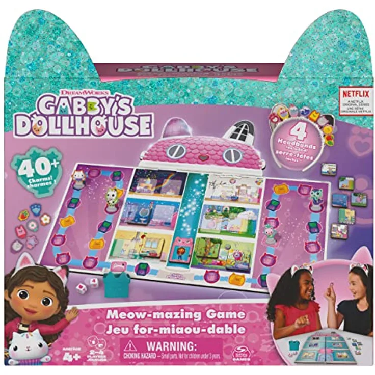 Spin Master Games Gabby's Dollhouse Meow-Mazing Brettspiel mit 4 Kitty Stirnbändern, für Familien und Kinder ab 4 Jahren, Mehrfarbig