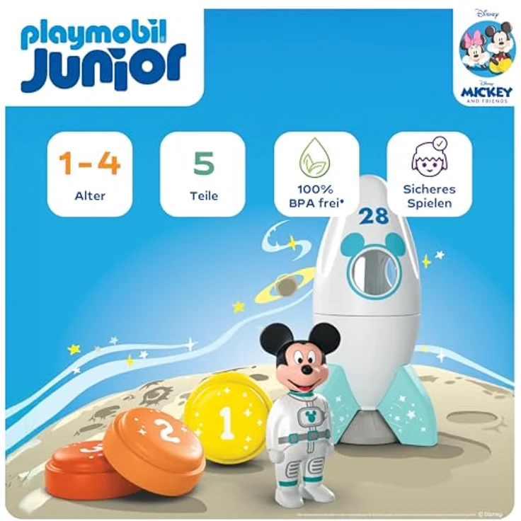 PLAYMOBIL JUNIOR & Disney Micky Maus Raketen- & Weltraumabenteuer, nachhaltiges Spielzeug ab 1 Jahr, fördert Fantasie & erstes Lernen, inkl. 1 Mickey Maus Figur, 1 Rakete und 3 Countdown-Steine, 71771 – Bild 2