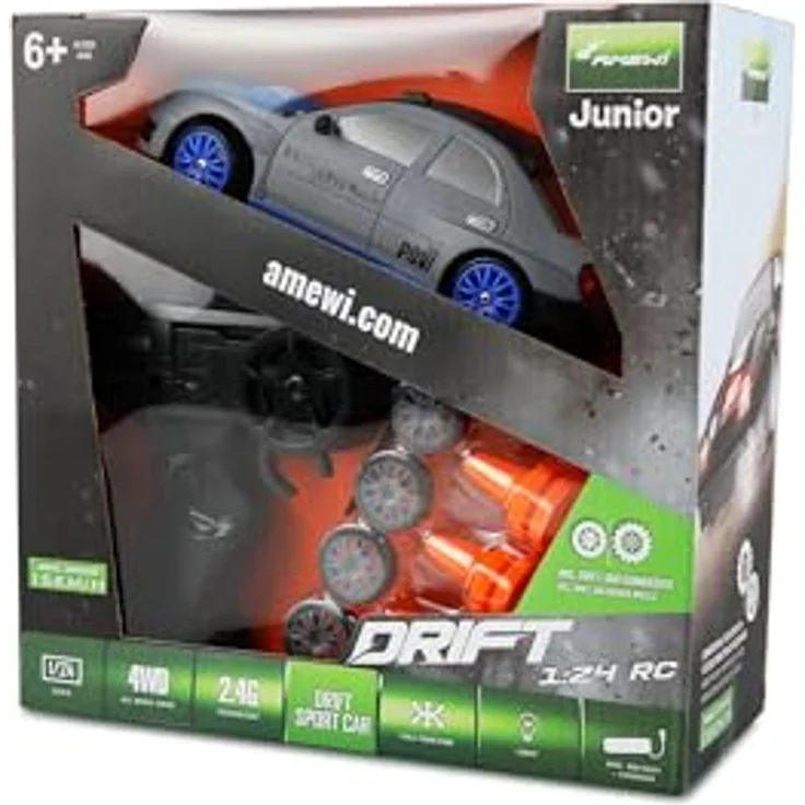 Amewi Drift Sport Car 4WD 1:24 RC ferngesteuert RTR grau, LED-Frontbeleuchtung, Zusatzreifen mit Gummiauflage – Bild 1