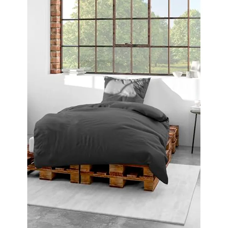 Bierbaum Bettwäsche 3899, Mako-Satin, 100% Baumwolle, Designed in Germany, Grafit 10, 155 x 220 + 40 x 80 cm, Komfortgröße