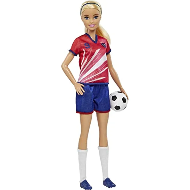 Barbie HCN17 - Fußball-Spielerin Puppe (blonde Haare) im roten Trikot mit blauen Shorts, Stollen-Schuhen und weißen Stutzen, inklusive Fußball, Spielzeug für Kinder ab 3 Jahren – Bild 5