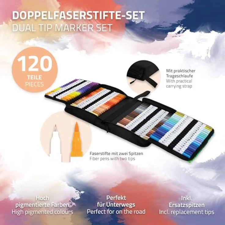 ECD Germany Kreativset Malkoffer 121-tlg, Dual Brush Pen Set mit 120 Farben, wasserbasierte Doppelfasermaler, praktisches Mäppchen mit Reißverschluss – Bild 2