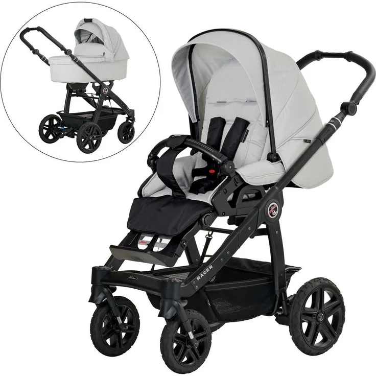 Hartan Kinderwagenset Racer GTS, 3-teilig, Hellgrau, mit Federung, 5-Punkte-Gurt, abklappbarer Fußstütze, Made in Germany