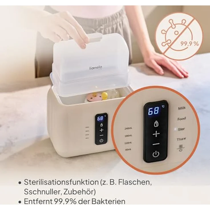 Lionelo Thermup Duo, Elektrischer Flaschenwärmer 6-in-1 mit Doppelkammer, Touch-Panel, BPA-frei, sicheres Auftauen, Sterilisieren und Warmhalten – Bild 5