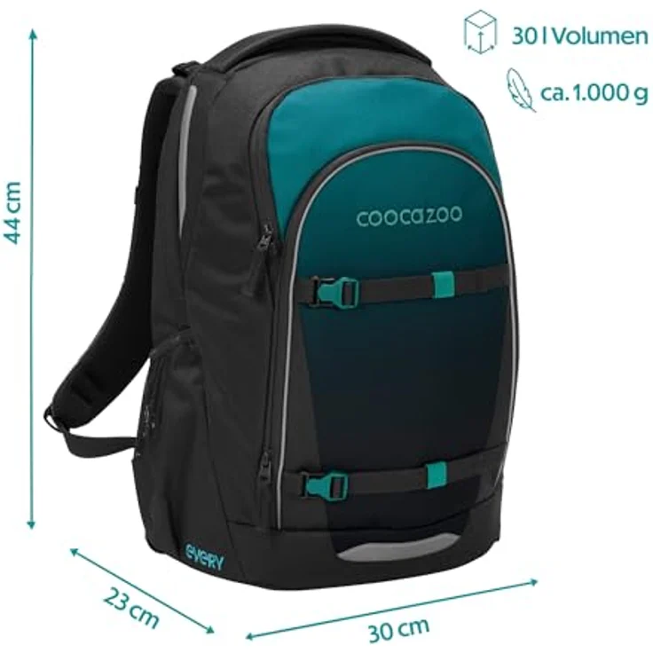 Coocazoo Schulrucksack Every „Teal Shadows“, ergonomischer Tornister, höhenverstellbar, 30 Liter Volumen, schwarz-blau, für ab der 3. Klasse, mit Brust- und Hüftgurt, aus 100% recycelten PET-Flaschen – Bild 2