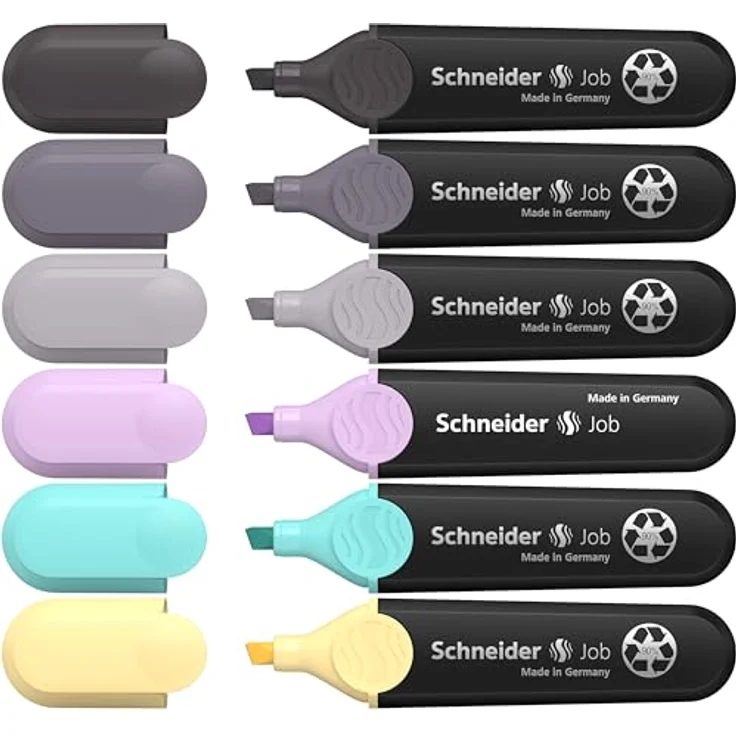 Schneider Job 150 Textmarker Pastell, 6er Etui in türkis, flieder, vanille, taupegrau, mauvegrau, schiefergrau, aus recyceltem Kunststoff, ausgezeichnet mit „Blauer Engel“ – Bild 1