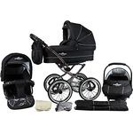 Bergsteiger Venedig Nostalgie Kinderwagen 3 in 1 Retro Kombikinderwagen Megaset 10 teilig inkl. Babyschale, Babywanne, Sportwagen und Zubehör (black edition)