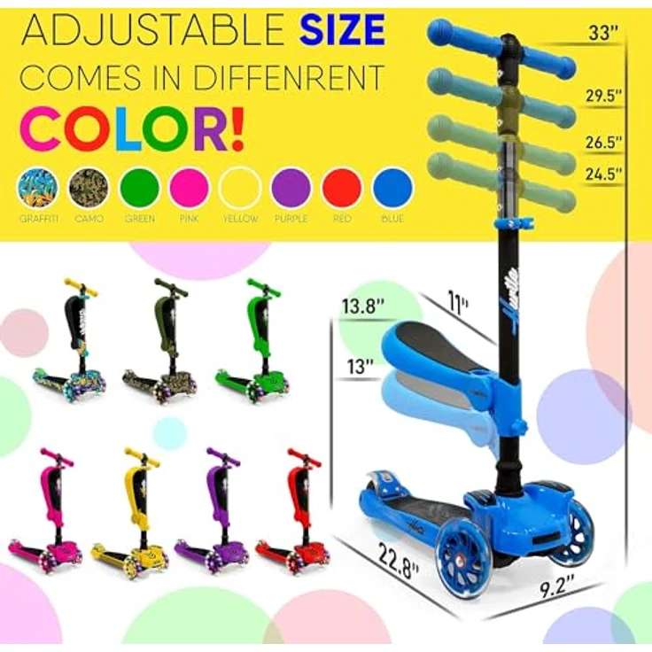 Hurtle 3-Rad-Roller HURFS56, 2-in-1 Kleinkinder-Roller sitzend/stehend, höhenverstellbar, breite Plattform, LED-Blinker, für 1-jährige Jungen/Mädchen, Blau – Bild 3