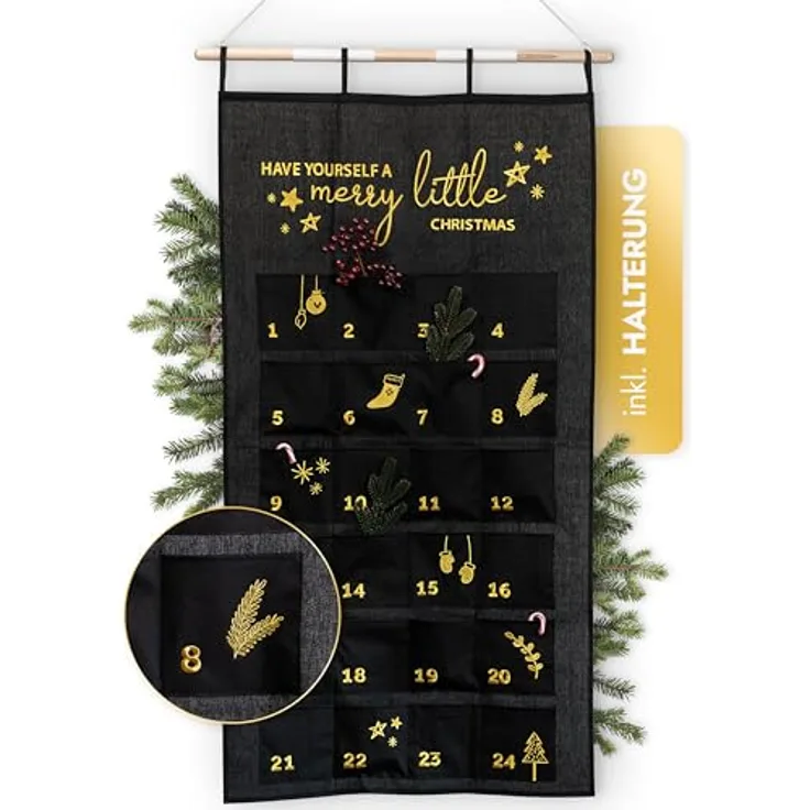 AMARI ® Adventskalender XXL Wandkalender (70 x 130 cm) mit 24 Fächern zum Befüllen, Stoff - Schwarz-Gold, inklusive E-Book für kreative Füllideen