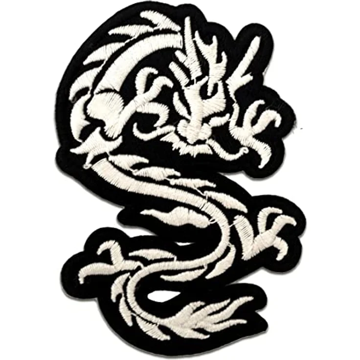 Chinesischer Drache - Aufnäher, Bügelbild, Aufbügler, Applikationen, Patches, Flicken, Zum Aufbügeln, Größe: 6,7 x 9 cm, Farbe:silber – Bild 1