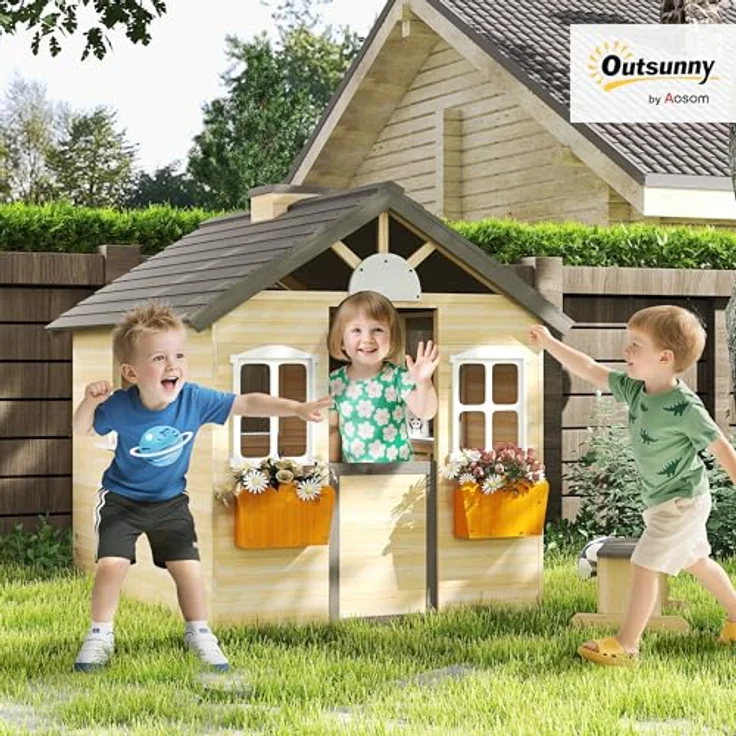 Outsunny Spielhaus aus Holz, Kinderspielhaus mit Tür, Fenster, Briefkasten und Blumentopfrack, für Jungen und Mädchen 3-7 Jahre, Indoor & Outdoor Natur സ്വാഗത – Bild 2