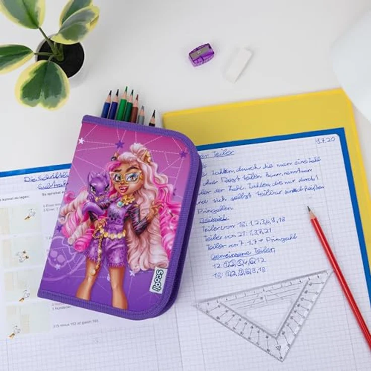 Scooli Gefülltes Schüleretui Monster High, Federmäppchen mit 14 Buntstiften, 2 Bleistiften und umfangreichem Zubehör, ideal für Schule und Freizeit, ergonomisch geformt, ab 6 Jahren – Bild 5
