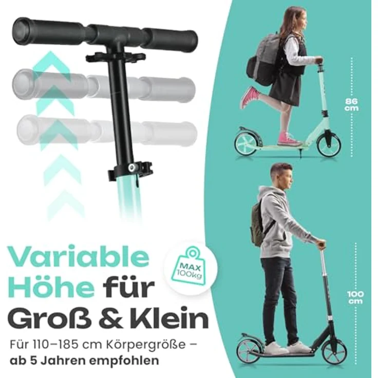 Rollkönig ® Roller Kinder 6 Jahre+ I Faltbarer Scooter Kinder mit großen Rädern I Cityroller Kinder I Auch für Erwachsene mit bis zu 100 kg geeignet, blau – Bild 4