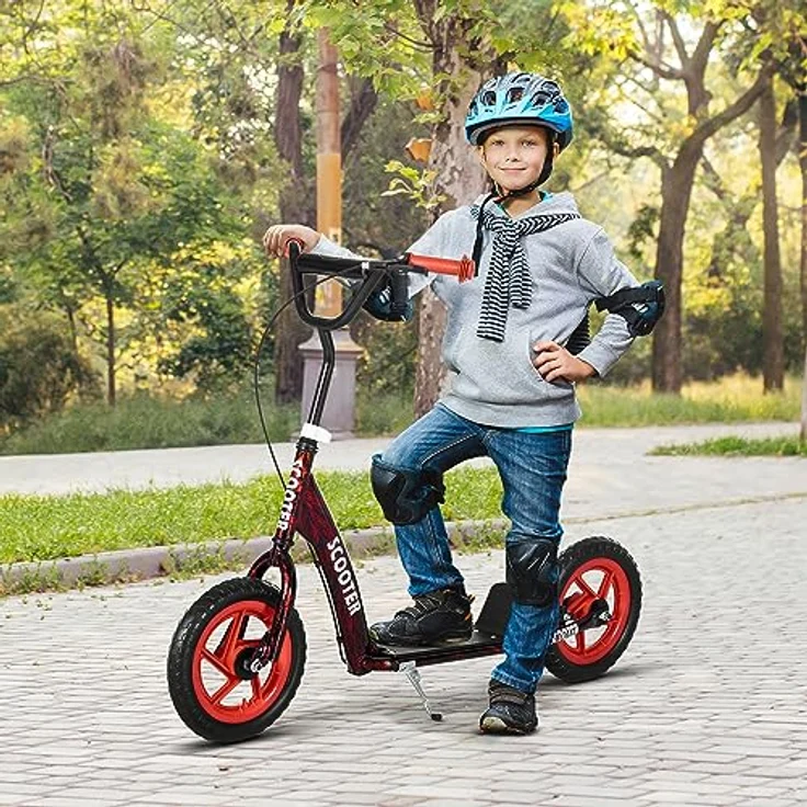 AIYAPLAY Kinderroller Scooter, Tretroller mit verstellbarem Lenker (80-88 cm), großen Rädern und Handbremse, 11,8 Zoll Cityroller für 6-12 Jahre, Stahl Rot – Bild 2
