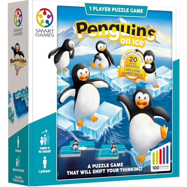 Smart Games Penguins on Ice, Brettspiel mit 60 Aufgabenkarten und 5 verstellbaren Pentomino-Puzzleteilen