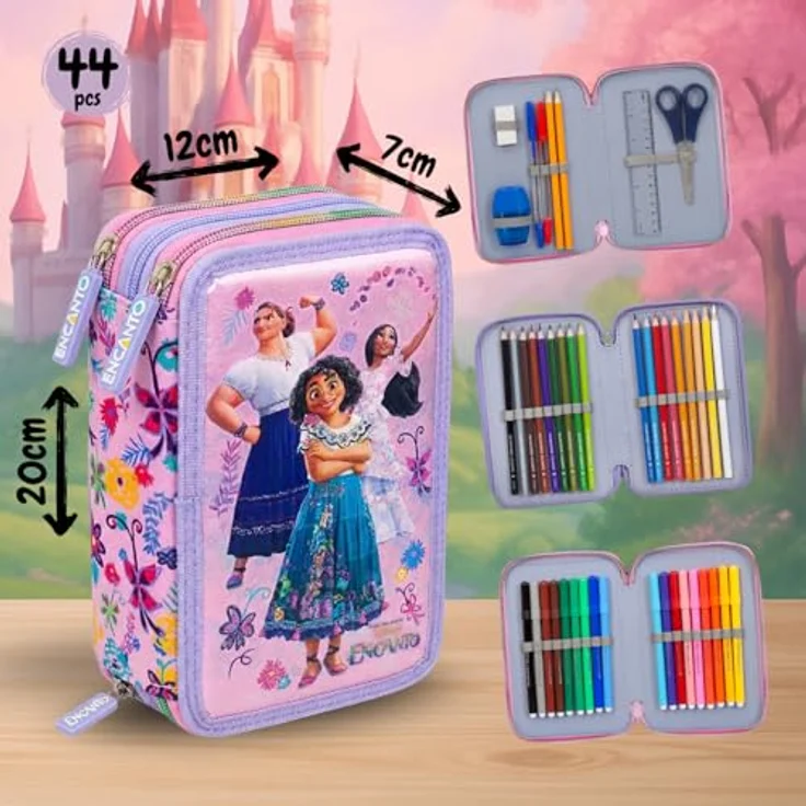 Julian Ross 3-Fach Federmäppchen für Mädchen, 44-teilig mit Schere, Lineal und Buntstiften, Rosa & Lila – Ideal für Schule und Geschenke – Bild 2