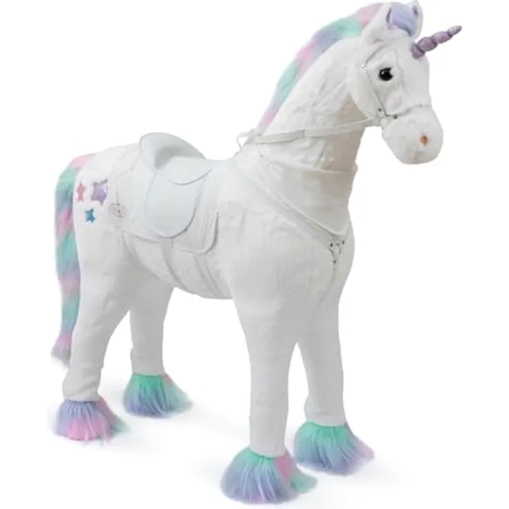 ELLA & PIET® Großes XXL Stehpferd Einhorn SNOW mit Sattel (Weiß-Pastell) - Großes XXL Standpferd 105 cm, Mit Sattel, Zaumzeug und Halstuch, Bis 100 Kg belastbar