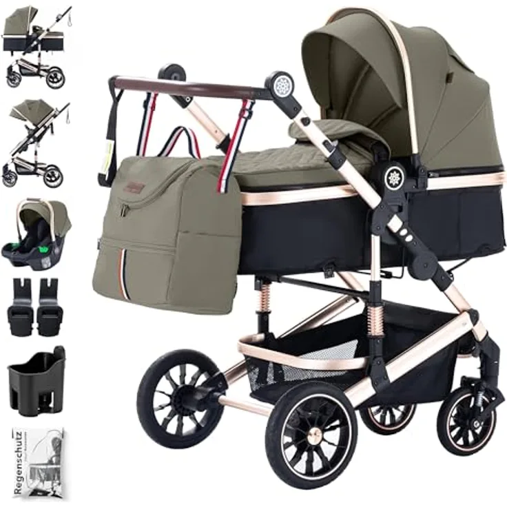 Daliya® NEOMOVE 3in1 Kinderwagen, Buggy & i-Size Babyschale | Alu-Rahmen | Reisekinderwagen & Sportwagen | Großer Einkaufskorb | Stadt & Gelände (Gold-Braun)