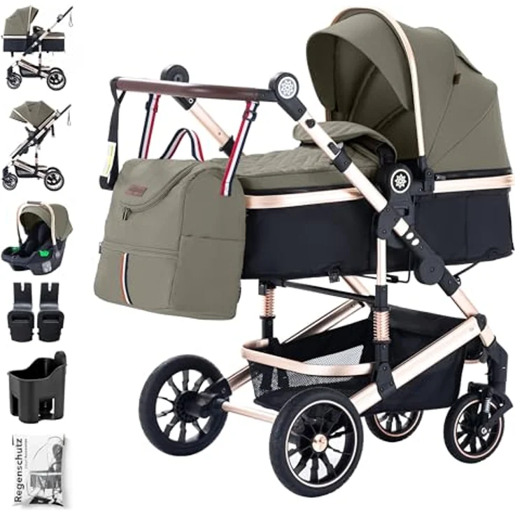 Daliya® NEOMOVE 3in1 Kinderwagen, Buggy & i-Size Babyschale | Alu-Rahmen | Reisekinderwagen & Sportwagen | Großer Einkaufskorb | Stadt & Gelände (Gold-Braun) – Bild 1