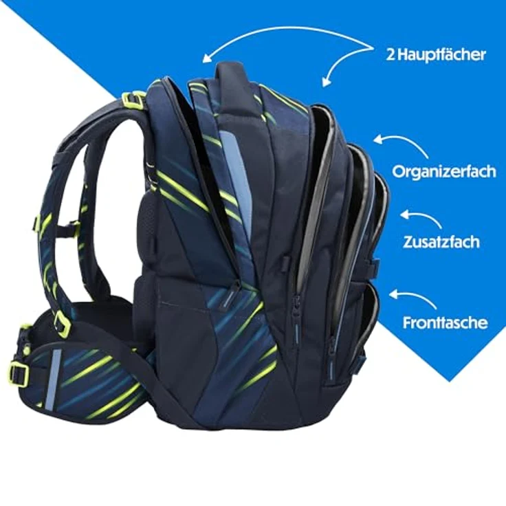 Coocazoo Porter Schulrucksack „Fast Lime”, ergonomischer & anpassbarer Tornister, schwarz-blau, höhen- & größenverstellbar mit Brustgurt & Hüftgurt, ab der 3. Klasse, 5 Fächer, reflektierend, nachhaltig aus 100% PFC-freiem Material – Bild 3