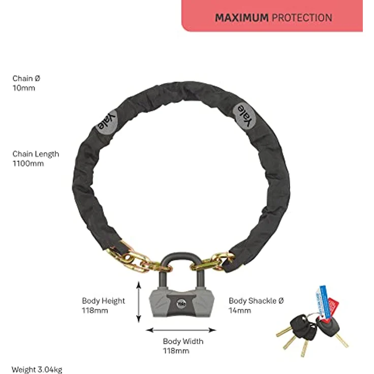 Yale Max Security Sicherheitskette & Schloß 1100 mm - YCL3/10/110/1 - mit Titanium verstärkt - 4 Schlüssel (1x mit Licht) - Max. Pick-, Zieh-, Schlag- und Bohrwiderstand - Div. Verriegelungsopt. – Bild 4