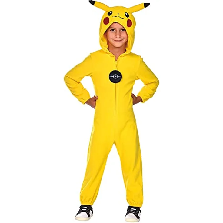 amscan Child Boys Licensed Pikachu Jumpsuit Costume (4-6yr), Fleece Hooded Jumpsuit with 3D Ears and Pokeball Zip Pull