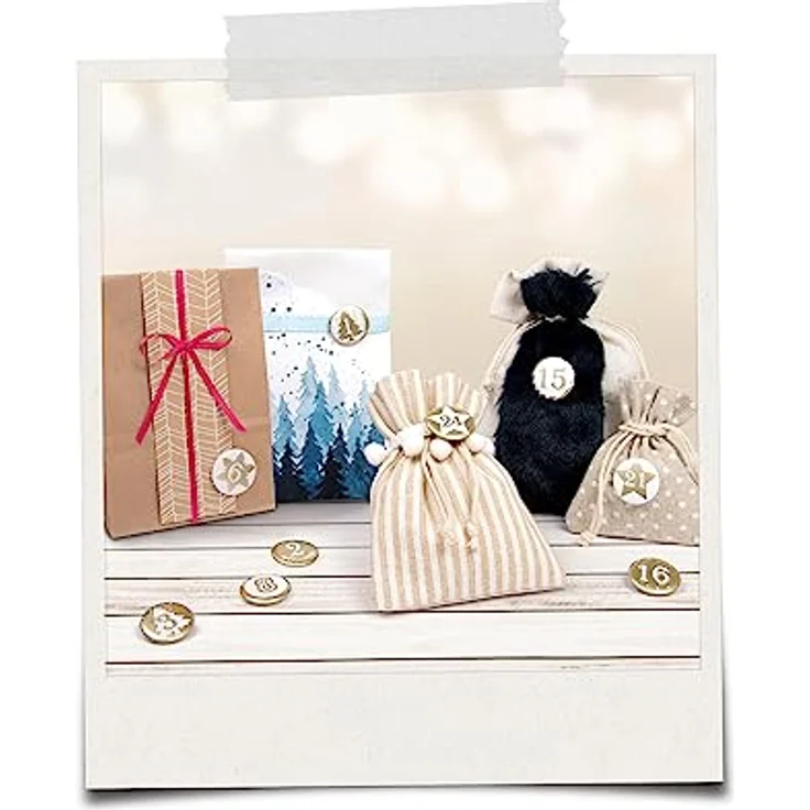 folia 1219 - Adventskalender Buttons, Perlmutt, 24 Stück, aus Metall, zum Gestalten individueller Adventskalender, weiß/gold – Bild 3