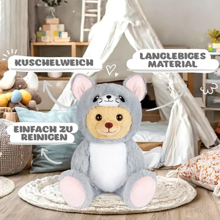 BRUBIES Teddy Maus, 25 cm Teddybär im Mäusekostüm mit abnehmbarer Kapuze, graues Plüschtier für kuschelige Abenteuer, ideales Geschenk für Kinder – Bild 5