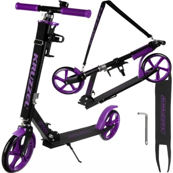KRUZZEL Klappbarer Kinder Roller Scooter, höhenverstellbar 87-98 cm, 200-mm-Räder, lila, Aluminiumrahmen, mit Fußbremse und Flaschenhalter, für Kinder ab 8 Jahren bis 100 kg