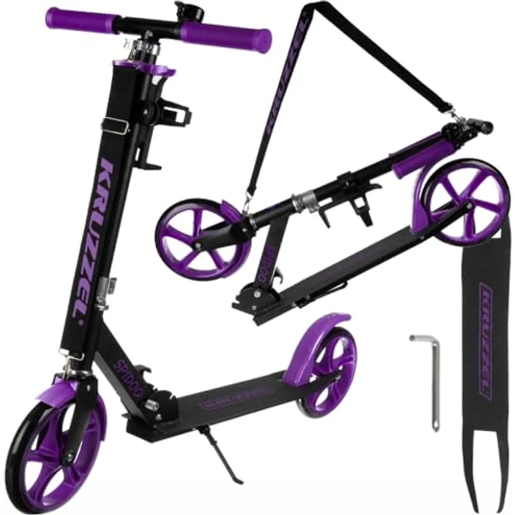 KRUZZEL Klappbarer Kinder Roller Scooter, höhenverstellbar 87-98 cm, 200-mm-Räder, lila, Aluminiumrahmen, mit Fußbremse und Flaschenhalter, für Kinder ab 8 Jahren bis 100 kg – Bild 1