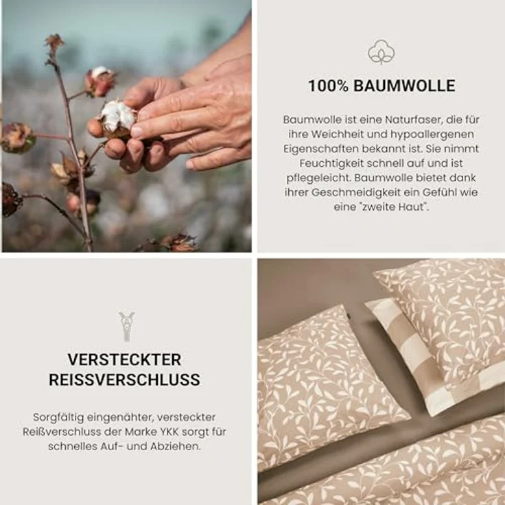 Schiesser Bettwäscheset Liliebeth | 2-teilig | Blumen | Renforcé | 100% Baumwolle | Oeko-Tex Zertifiziert | Reißverschluss | 135x200cm + 80x80cm | Sand – Bild 3