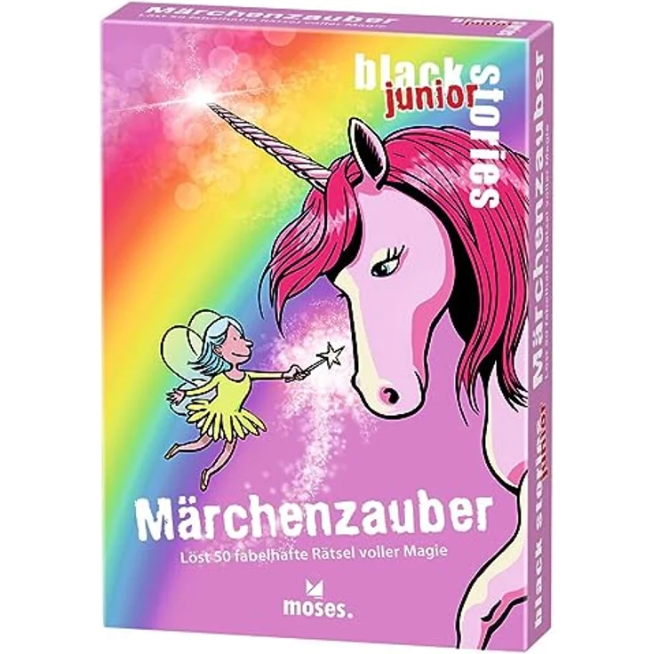moses 90096 Black Stories Junior Märchenzauber-50 Einhorn Rätsel Kartenspiel mit Spielvariante und Punktechips, für Kinder ab 8 Jahren, Yellow – Bild 1