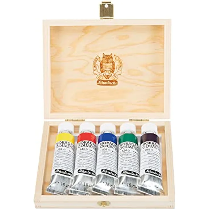 Schmincke HORADAM® Gouache, 5 x 15 ml-Tuben, 10 feinste Künstler-Farbtöne im Holzkasten, hohe Pigmentkonzentration, Leuchtkraft und Farbtiefe