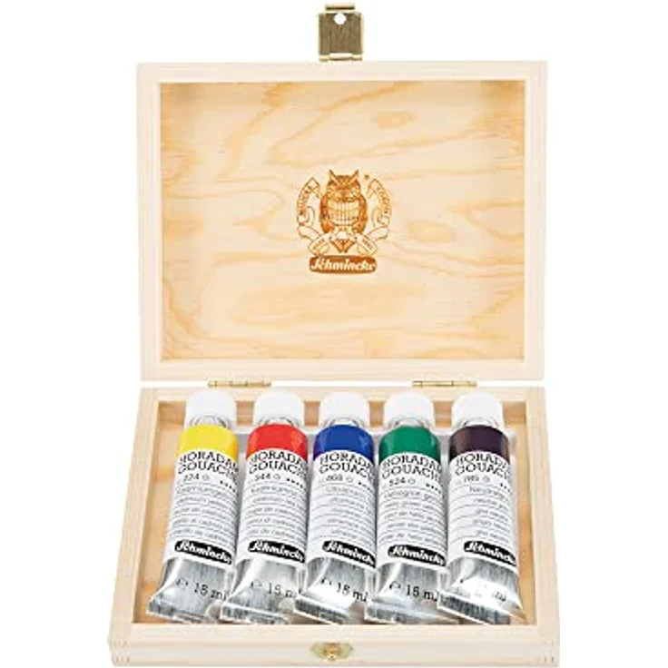 Schmincke HORADAM® Gouache, 5 x 15 ml-Tuben, 10 feinste Künstler-Farbtöne im Holzkasten, hohe Pigmentkonzentration, Leuchtkraft und Farbtiefe – Bild 1