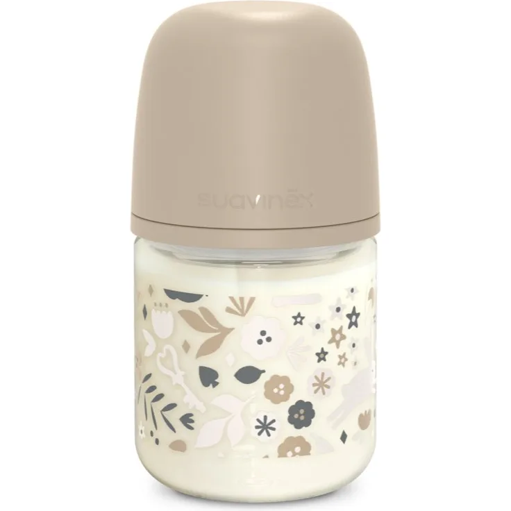 Suavinex Wonderland SX Pro Physiological Anti-Colic Glass Babyflasche aus Glas, S Slow Flow, 0 m+, Liberty Cream, 120 ml