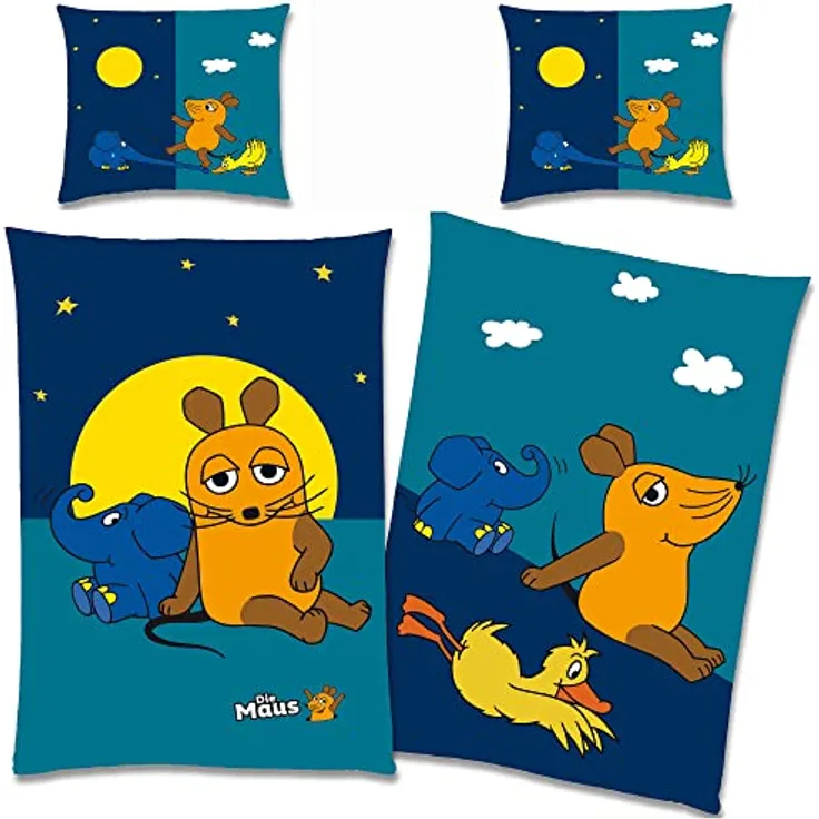 BERONAGE Die Sendung mit der Maus Kinder-Bettwäsche Night Blau 135 x 200 + 80 x 80 100% Baumwolle Biber-Flanell-Qualität Sterne Mond Ente Elefant Wende-Bettwäsche mit YKK-Reißverschluss deutsche Größe